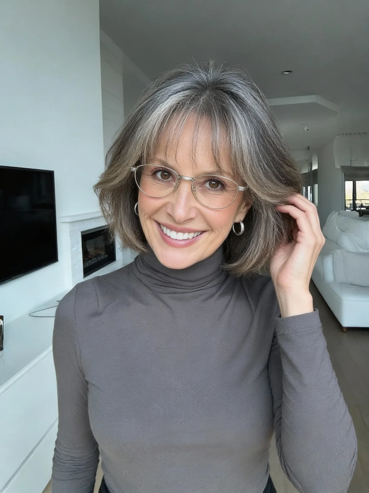 Chin-Length Layered Bob with Silver Ash and Wispy Bangs